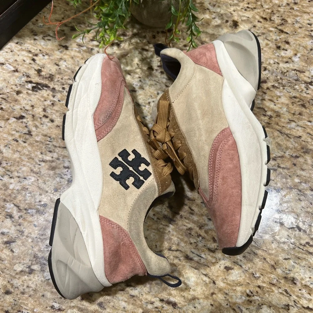 Tory Burch Good Luck Trainer Pink and Tan Sneakers 7.5